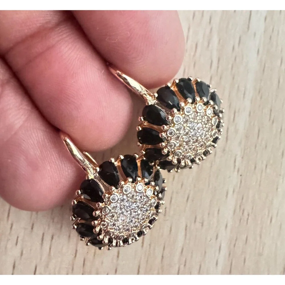 585 14K RG Hallmark Rolled Gold Black Spinel Zircon Sunflower Drop Stud Earrings